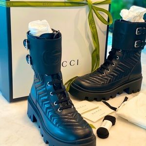 Gucci Frances Black Leather Lug Sole Combat Boots Size US 8